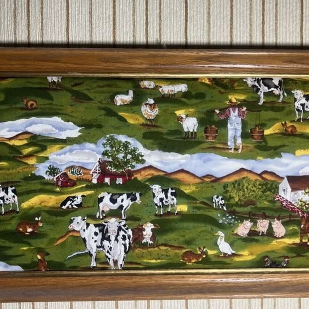 Framed Alexander Henry "Country Farm Life" Fabric Art -- Dairy Cows, Sheep, Pigs